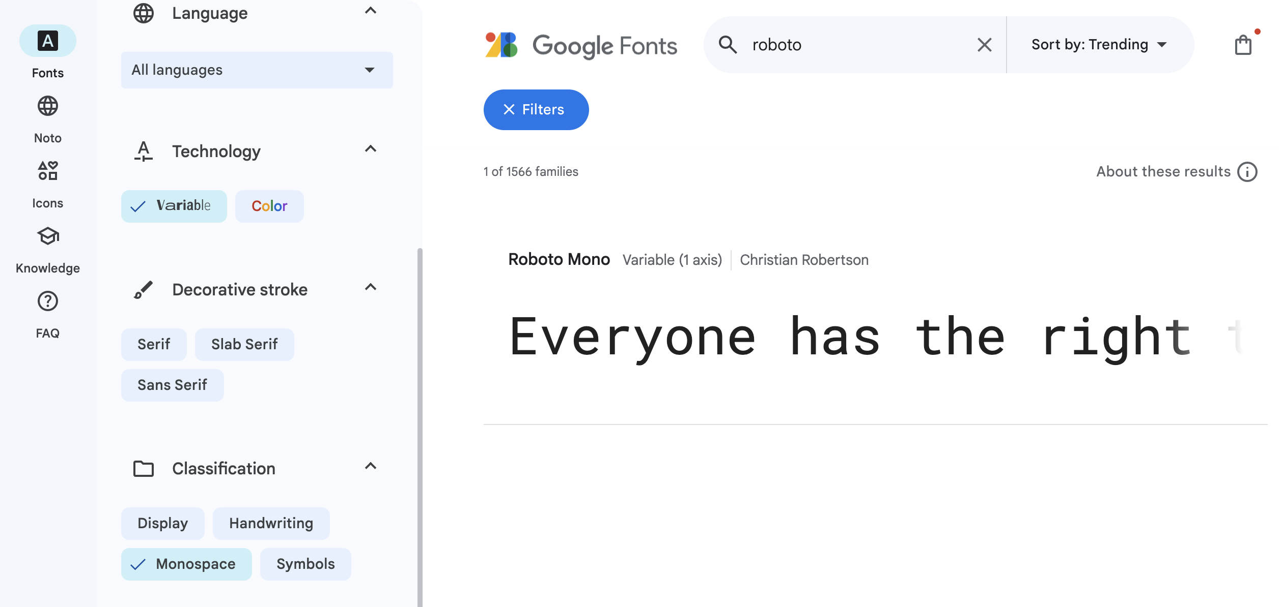 Interface de google fonts