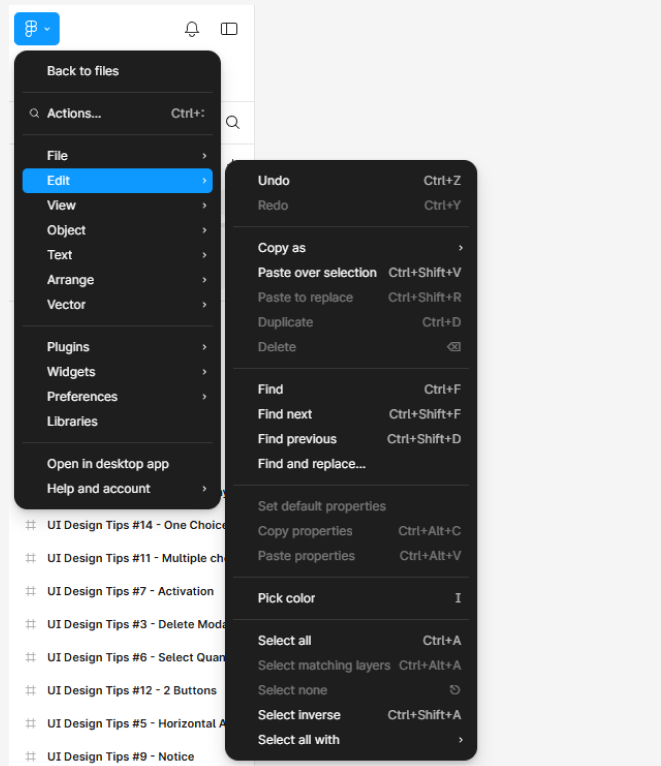 Menu "Edit" : Actions multiples et raccourcis cachés